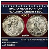 1942-d Walking Liberty Half Dollar Near Top Pop 50