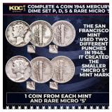 Complete 4 Coin 1945 Mercury Dime Set P, D, S & Ra