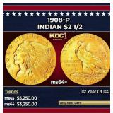 1908-p Gold Indian Quarter Eagle $2 1/2 ms64+ SEGS