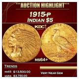 1915-p Gold Indian Half Eagle $5 ms64+ USCG
