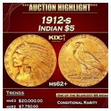 1912-s Gold Indian Half Eagle $5 ms62+ USCG
