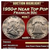 1950-p Franklin Half Dollar Near Top Pop 50c ms66+