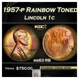 PCGS 1957-p Lincoln Cent Rainbow Toned 1c ms63 RB