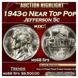 1943-d Jefferson Nickel Near Top Pop 5c ms68 5fs S