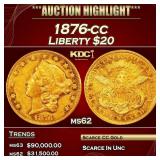 1876-cc Gold Liberty Double Eagle $20 ms62 USCG