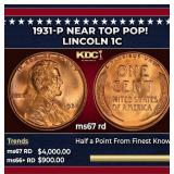 1931-p Lincoln Cent Near Top Pop! 1c ms67 rd SEGS