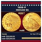 1908-p Gold Indian Half Eagle $5 ms66 USCG