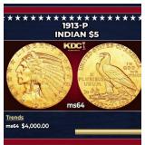 1913-p Gold Indian Half Eagle $5 ms64 USCG