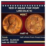 1931-p Lincoln Cent Near Top Pop! 1c ms67 rd SEGS