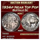 1934-p Buffalo Nickel Near Top Pop 5c ms67 SEGS