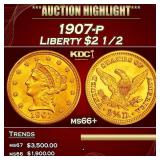 1907-p Gold Liberty Quarter Eagle $2 1/2 ms66+ SEG