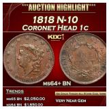 1818 Coronet Head Large Cent N-10 1c ms64+ BN SEGS