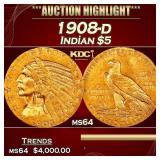 1908-d Gold Indian Half Eagle $5 ms64 USCG