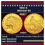 1910-s Gold Indian Half Eagle $5 ms64+ USCG
