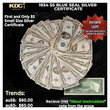 1x 1934 $5 Blue Seal Silver Certificate Grades AU/