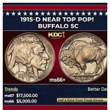1915-d Buffalo Nickel Near Top Pop! 5c ms66+ SEGS
