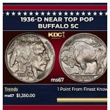 1936-d Buffalo Nickel Near Top Pop 5c ms67 SEGS