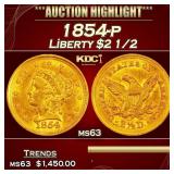 1854-p Gold Liberty Quarter Eagle $2 1/2 ms63 USCG