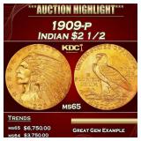 1909-p Gold Indian Quarter Eagle $2 1/2 ms65 SEGS