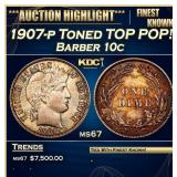 1907-p Barber Dime Toned TOP POP! 10c ms67 SEGS