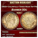 1902-p Barber Half Dollars Colorfully Toned Near T