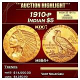 1910-p Gold Indian Half Eagle $5 ms64+ USCG