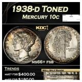 1938-d Mercury Dime Toned 10c ms66+ fsb SEGS