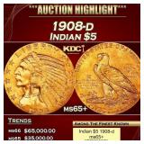 1908-d Gold Indian Half Eagle $5 ms65+ USCG