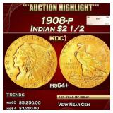1908-p Gold Indian Quarter Eagle $2 1/2 ms64+ SEGS