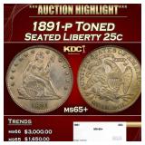 1891-p Seated Liberty Quarter Toned 25c ms65+ SEGS