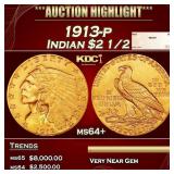 1913-p Gold Indian Quarter Eagle $2 1/2 ms64+ SEGS