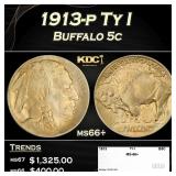 1913-p Ty I Buffalo Nickel 5c ms66+ SEGS