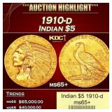 1910-d Gold Indian Half Eagle $5 ms65+ USCG