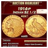 1914-p Gold Indian Quarter Eagle $2 1/2 ms65 SEGS