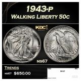 1943-p Walking Liberty Half Dollar 50c ms67 SEGS