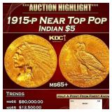 1915-p Gold Indian Half Eagle Near Top Pop $5 ms65