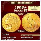 1908-p Gold Indian Half Eagle $5 ms64+ USCG