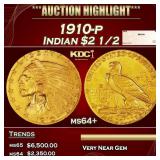 1910-p Gold Indian Quarter Eagle $2 1/2 ms64+ SEGS