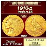 1910-d Gold Indian Half Eagle $5 ms64 USCG