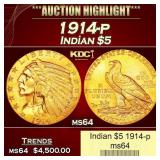 1914-p Gold Indian Half Eagle $5 ms64 USCG