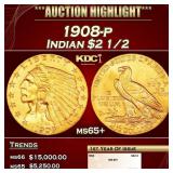 1908-p Gold Indian Quarter Eagle $2 1/2 ms65+ SEGS