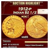 1912-p Gold Indian Quarter Eagle $2 1/2 ms65 SEGS