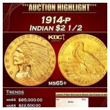 1914-p Gold Indian Quarter Eagle $2 1/2 ms65+ SEGS