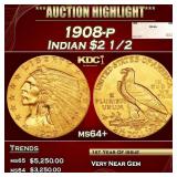 1908-p Gold Indian Quarter Eagle $2 1/2 ms64+ SEGS
