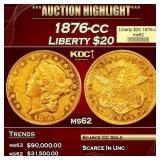 1876-cc Gold Liberty Double Eagle $20 ms62 USCG