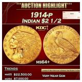 1914-p Gold Indian Quarter Eagle $2 1/2 ms64+ SEGS