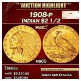 1908-p Gold Indian Quarter Eagle $2 1/2 ms65 SEGS