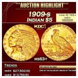 1909-s Gold Indian Half Eagle $5 ms63+ USCG