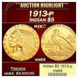 1913-p Gold Indian Half Eagle $5 ms64 USCG
