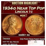 1934-d Lincoln Cent Near Top Pop 1c ms66+ rd SEGS
